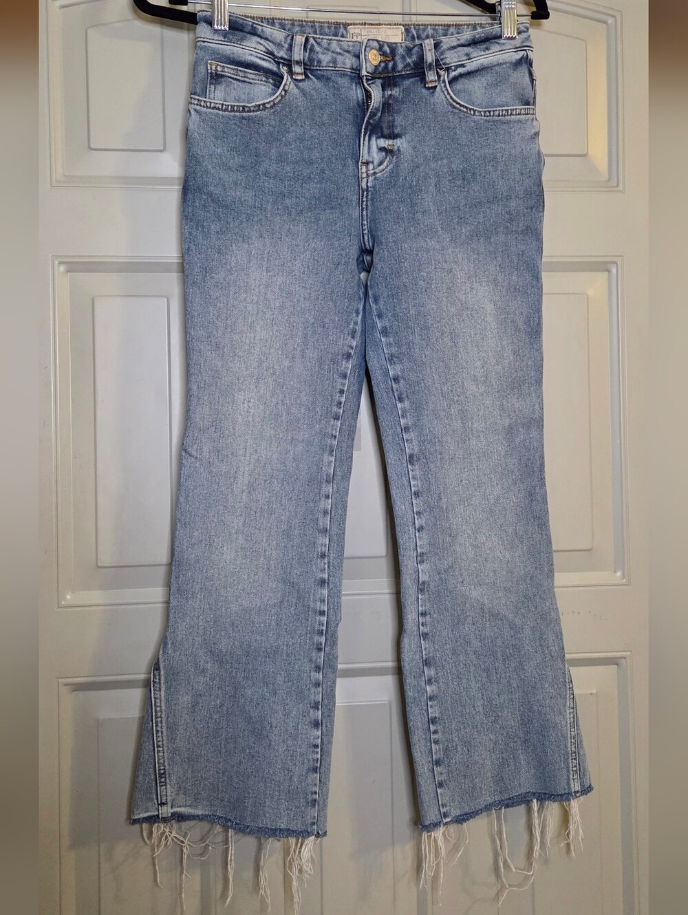 Free People - Light Blue Frayed-Hem Wide Leg Jeans